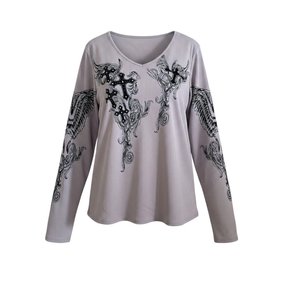Womens Gothic Cross Wing Graphic Ribbed V-Neck Long Sleeve Top Mauve Grey XL